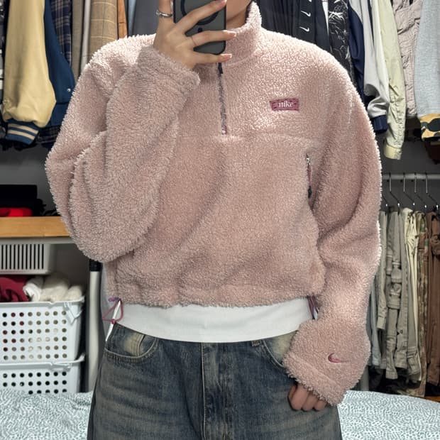 나이키 핑크 크롭 플리스 후리스 반집업