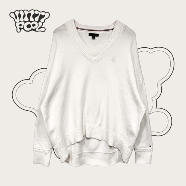 타미힐피거 스몰로고 브이넥 루즈핏 니트 M 화이트(W)