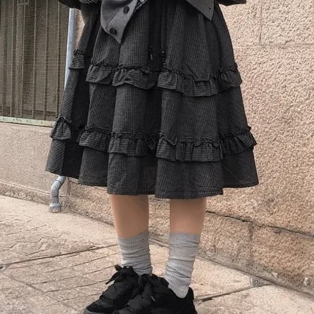 빈블 빈티지 그젤르 밴딩 체크 프릴 미디 스커트
