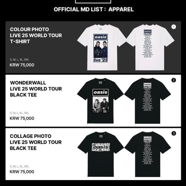 오아시스 2025 내한 콘서트 티셔츠 s
