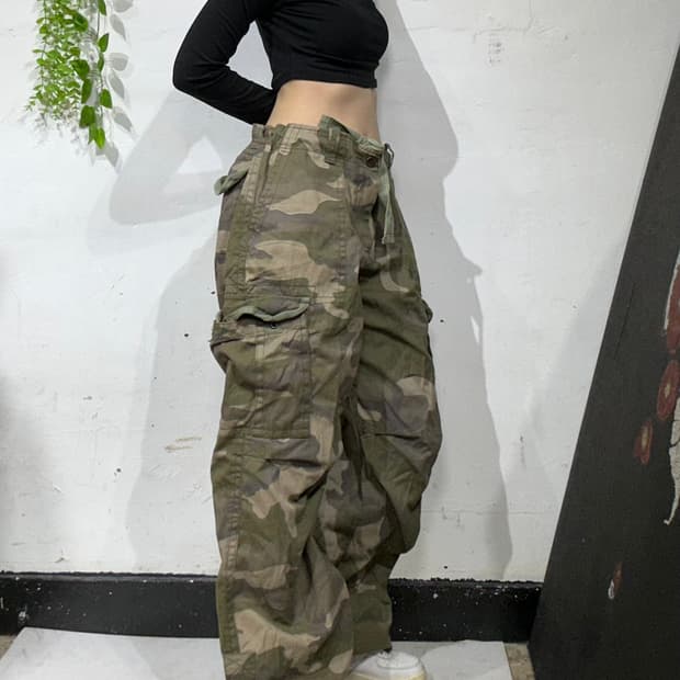 빈티지 카키 밀리터리 카모 와이드 포켓 디테일 카고 팬츠 힙합 바지 L