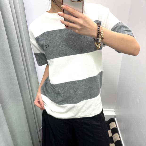 챔피온 화이트그레이 스트라이프 타월 반팔티