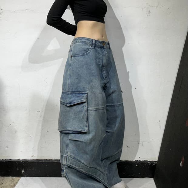 빈티지 연청 대대장 와이드 포켓 디테일 데님 청바지 카고 팬츠 