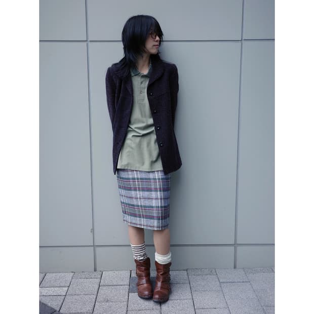 빈티지 그레이 체크 미디 스커트