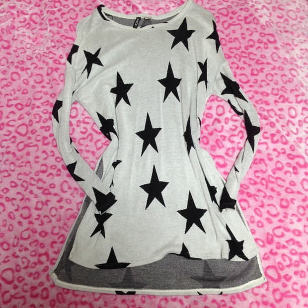 빈티지 니혼진 갸루 별 스타 패턴 원피스 롱슬리브 니트 긴팔 탑 트임