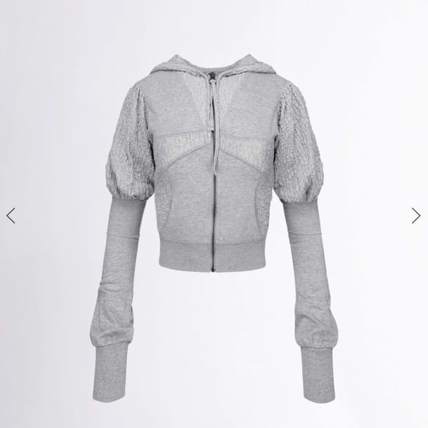 Puff Sleeve Zip-Up Hoodie Melange Gray