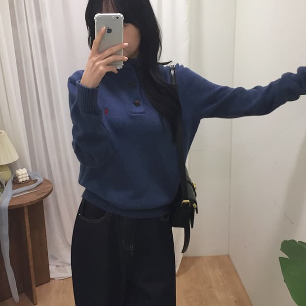 여성 폴로 버튼넥 니트 스웨터 100 