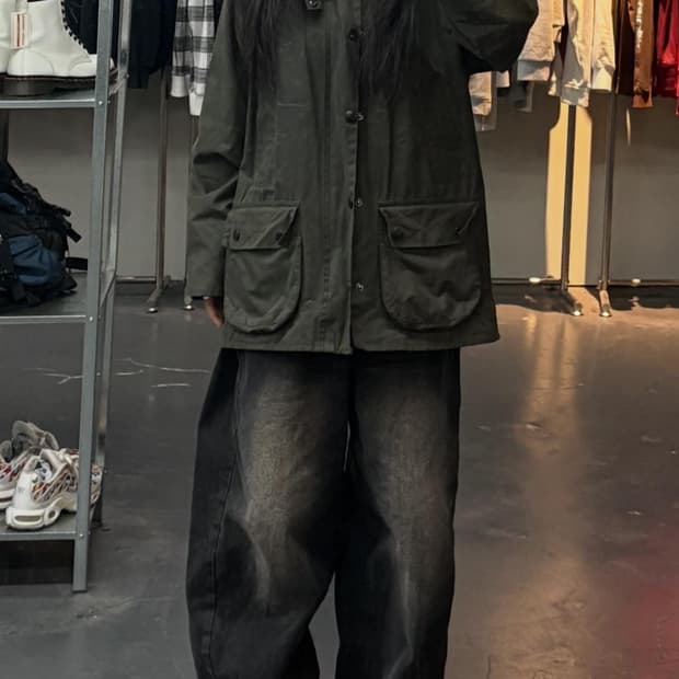 바버 뷰포트 올리브 왁스 자켓 A3343