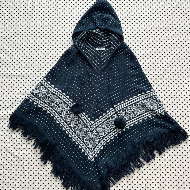 jpn 네이비 하트도트 방울 후드 니트케이프