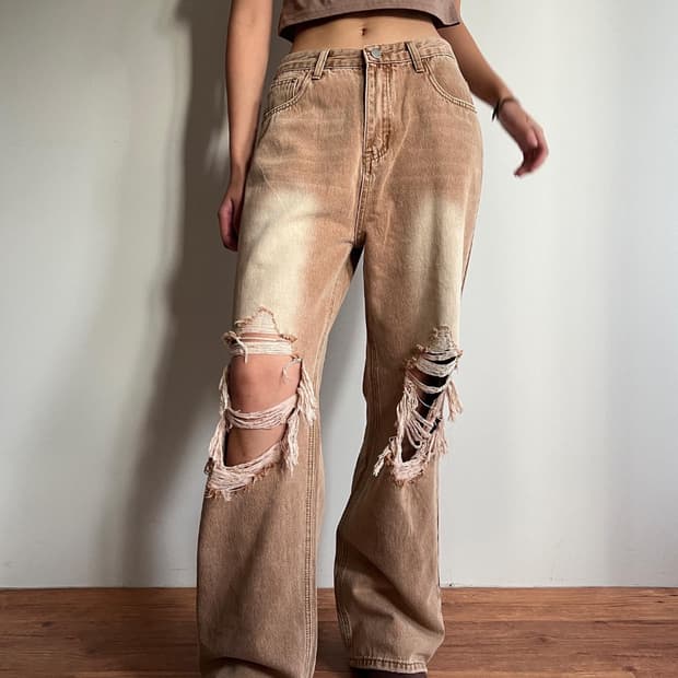 POEM 데미지 워싱 와이드 팬츠 27 디스트로이드진 찢청 갸루 로리걸