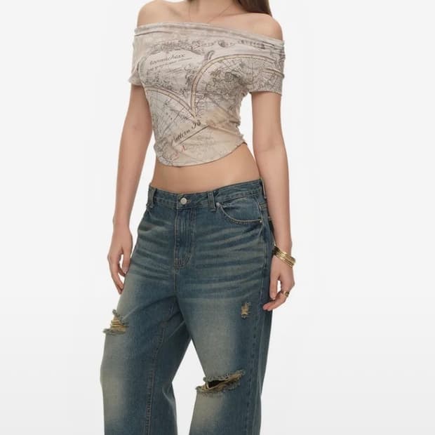 투머치텍스 원숄더 빈티지맵 티셔츠