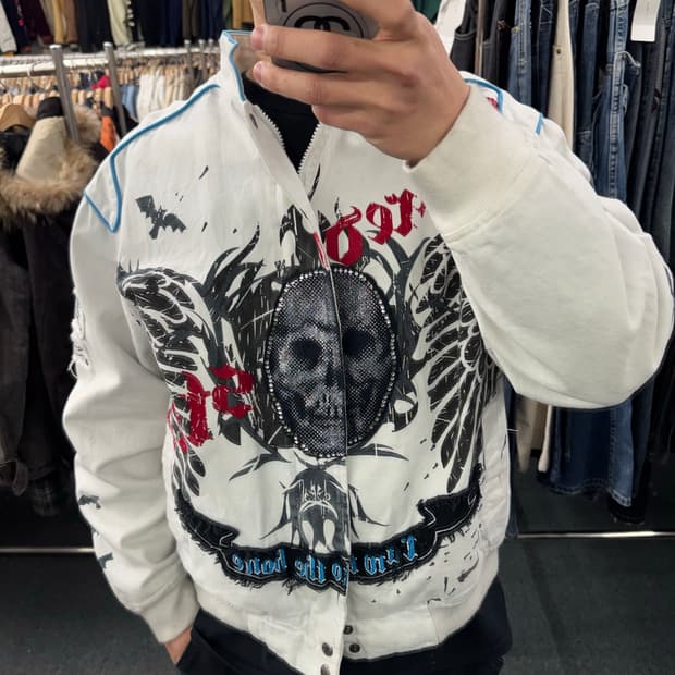 L)RAW BULE 빈티지 Y2K 스컬패치 블루종 자켓