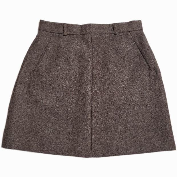 헤링본 체크 A라인 미니 울 스커트 : 브라운