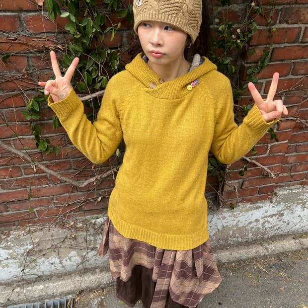빈티지 노랑 후드 니트