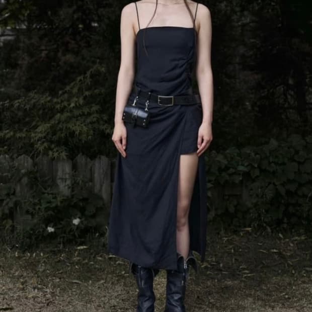 SHIRRING LINEN SLIT OPS, BLACK