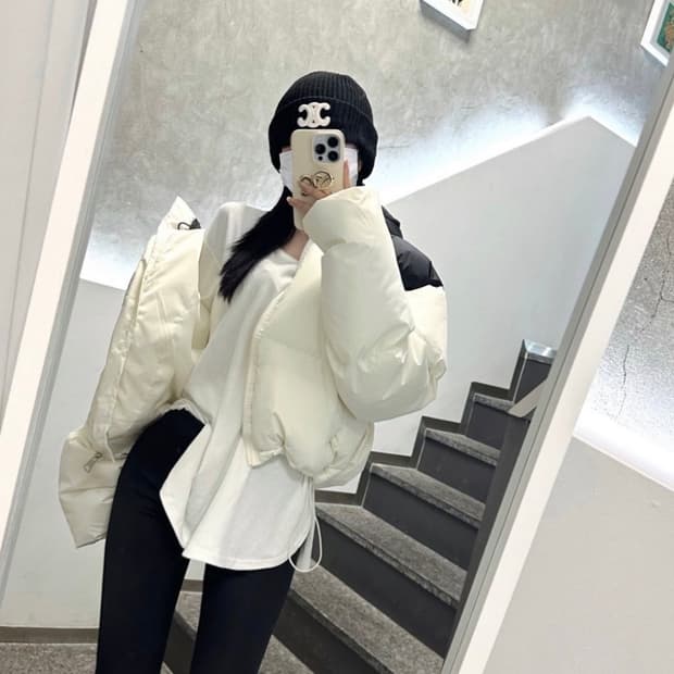 배색 후드 패딩