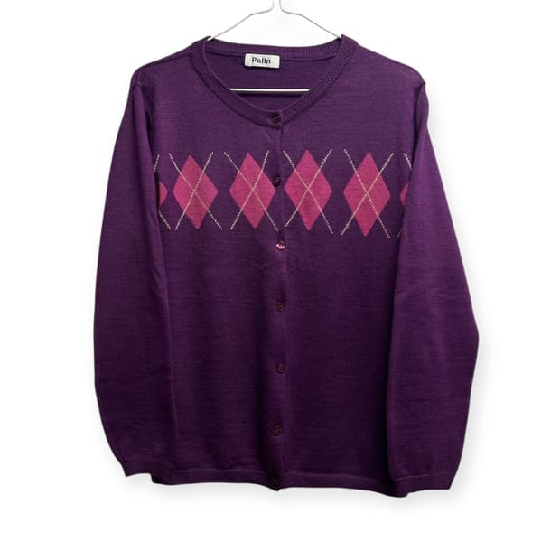 일본빈티지 퍼플 아가일 니트가디건