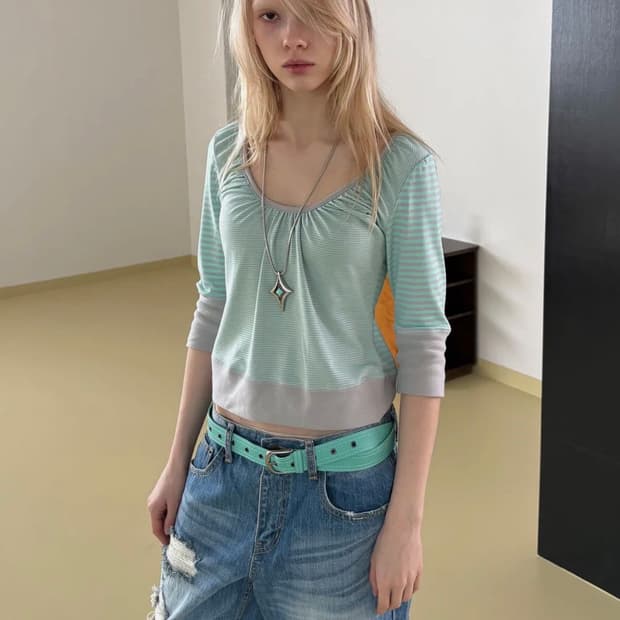 헤레틱 BUTTON STRIPE ASYM HENLEY T-SHIRT