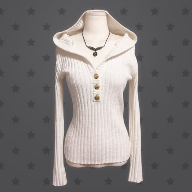 오네갸루 글리터 포인트 골지 브이넥 후드 생화이트 금장 단추 긴팔티 