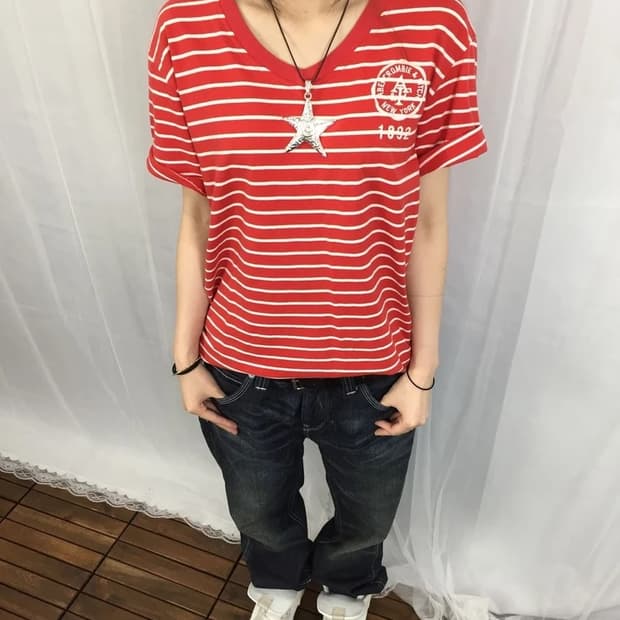 Abercrombie Red Stripe V Neck Tee