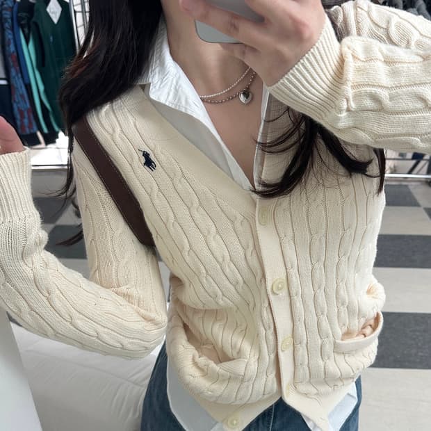 폴로 랄프로렌 아이보리 V넥 케이블 니트 가디건 