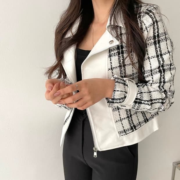 새상품 트위트 체크 레더 라이더 가죽 자켓