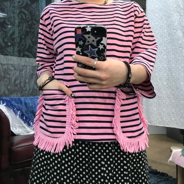 빈티지 여성 스트라이프 7부 반팔티 