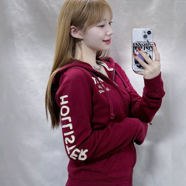 홀리스터 사이드로고 버건디 후드집업 