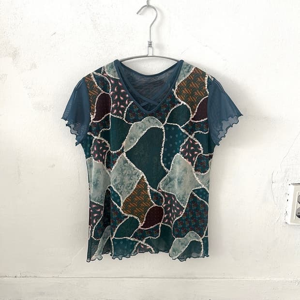 Teal Blue Designed Mesh Short Sleeve Top