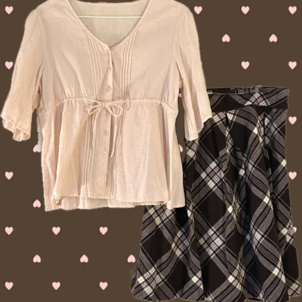 빈티지 초코딸기 블라우스 미디스커트 세트