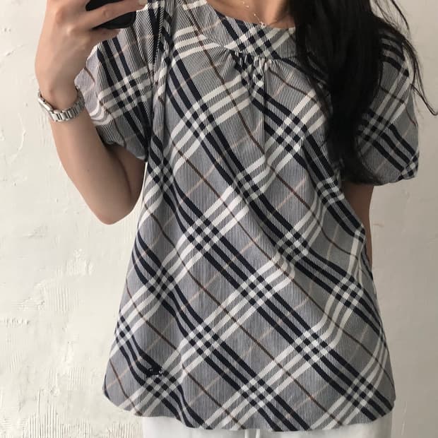 Burberry 버버리 블루라벨 블루 체크 반팔 퍼프 블라우스