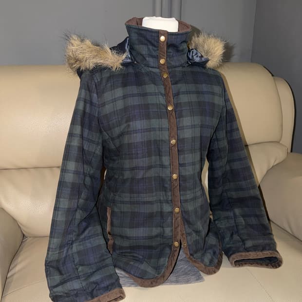 check pattern fur trimming jacket
