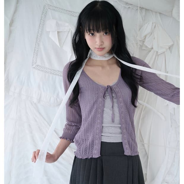 새상품 미레코 3/4 lace knit cardigan grape