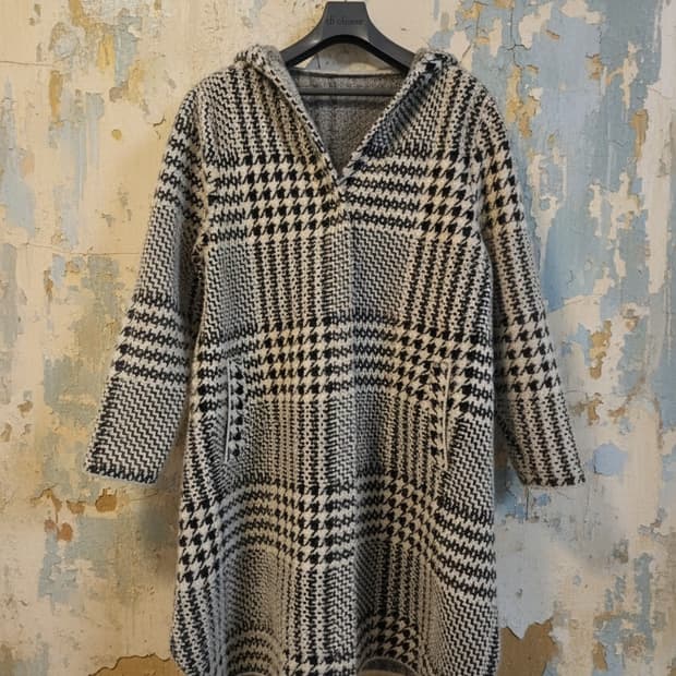 하운드투스 체크 후드 롱 울 코트 M