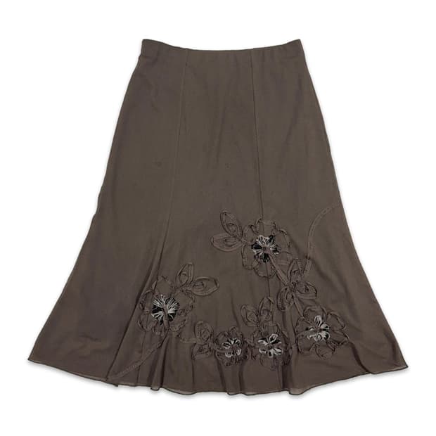 빈티지 브라운 플라워 모리 플레어 롱 스커트