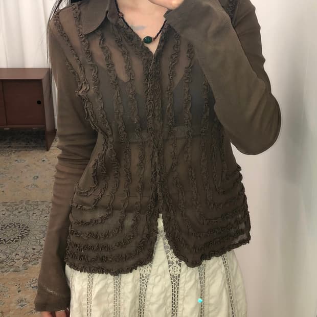 브라운 시스루 프릴 셔츠