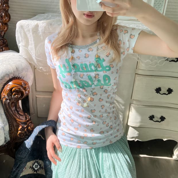 빈티지 피치 레오파드 하이틴 반팔