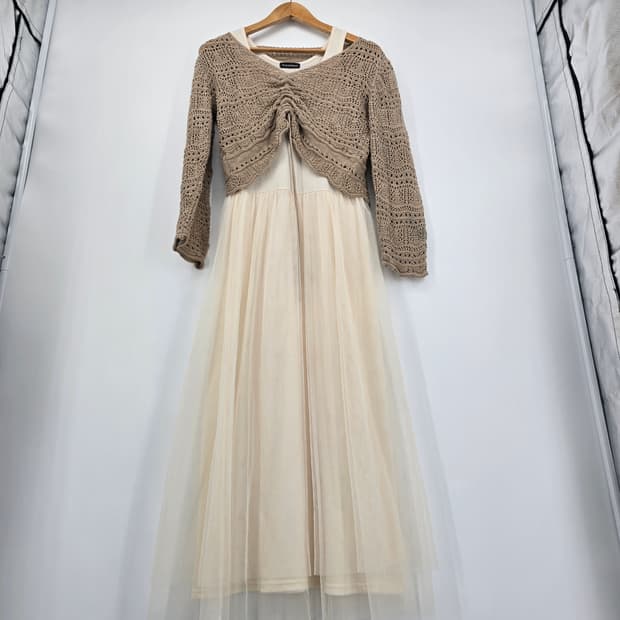 아이보리 롱 원피스 + 크로셰 가디건 코디 세트