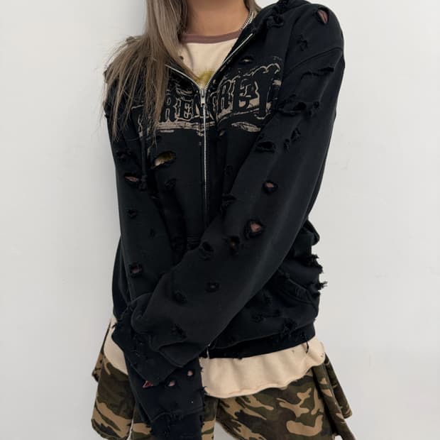 블랙 디스트레스 후드집업 