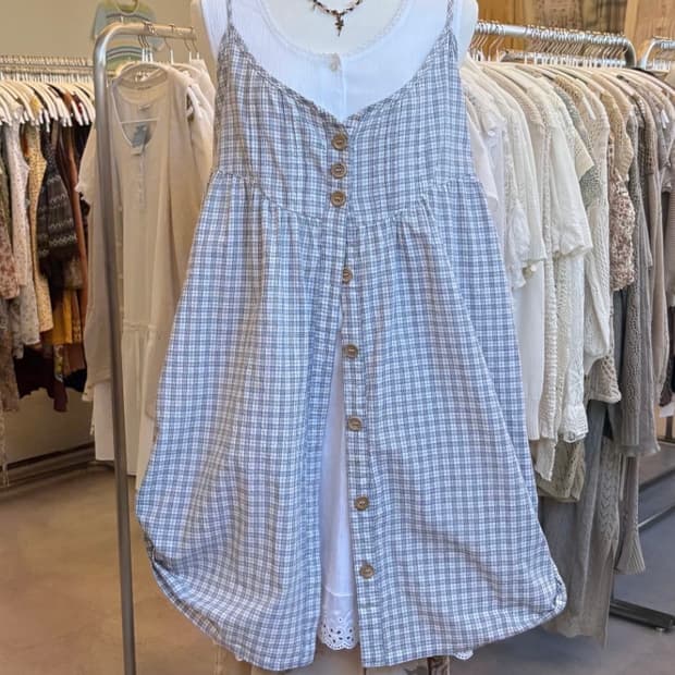 일본빈티지 모리걸 블루 그레이 체크 바선생 원피스