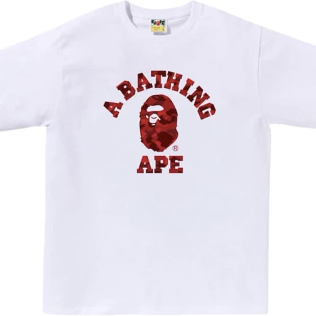 베이프 컬러 카모 컬리지 티셔츠 화이트 레드