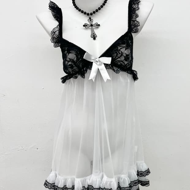 갸루 블랙 화이트 레이스 프릴 슬립