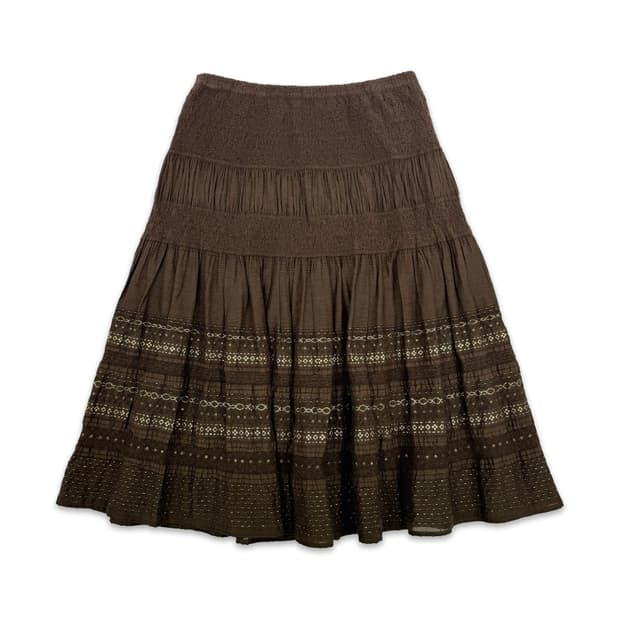 빈티지 브라운 레이스 플레어 미디 스커트