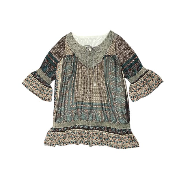 Japanese vtg 에스닉 패턴 코르셰 디테일 7부 블라우스