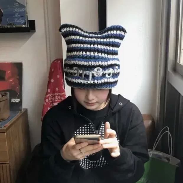 탄산마그네슘 로고 캣 비니 고양이비니 블루 스트라이프