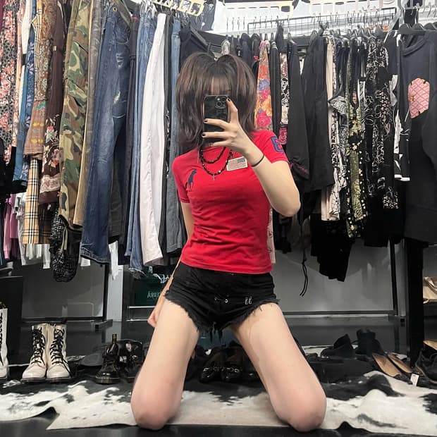 폴로 랄프로렌 슬림핏 크롭 패치 반팔