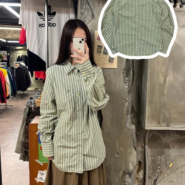 아베크롬비 스트라이프 셔츠 그린 M #csz1348