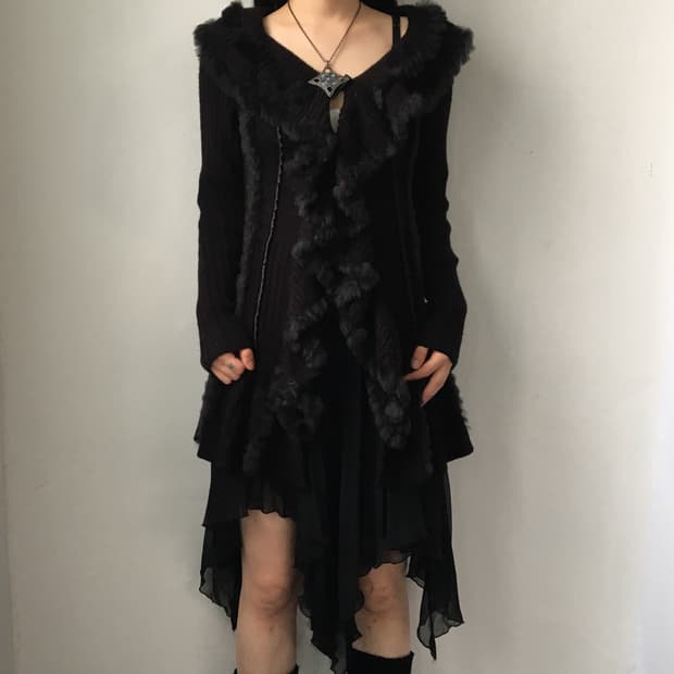 Fur trimming ruffle knit cardigan