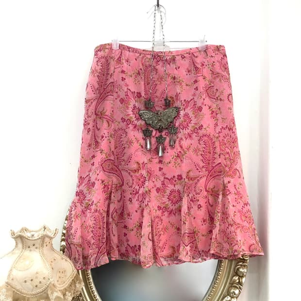 pink oriental paisley pattern midi skirt