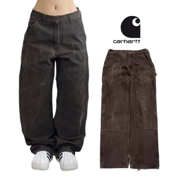 칼하트 더블니 다크브라운 가죽패치 카펜터 페이딩 와이드 워크팬츠